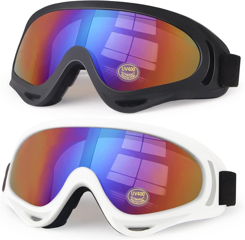 4-FQ Motorcycle Goggles Kids, 2 Pack Dirt Bike ATV Motocross & Ski Goggles, Off Road Riding Glasses for Child, Anti-UV Dust Airsoft Glasses for Men Women Youth Adults (White+Black Frame/Color Lens) - Image 1